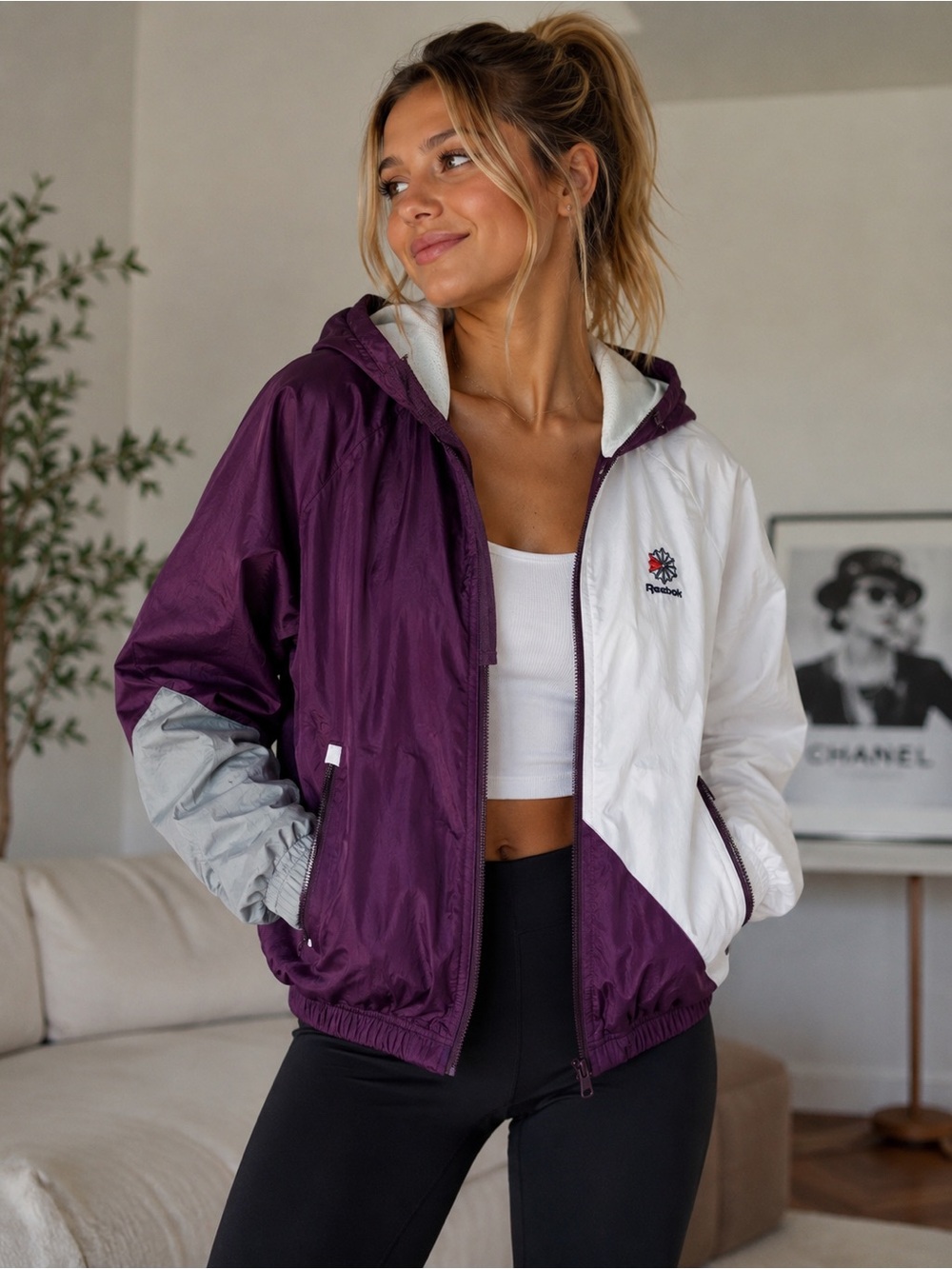 Vintage Reebok Classic Colorblock Hooded Windbreaker Jacket XS Y2K Purple White